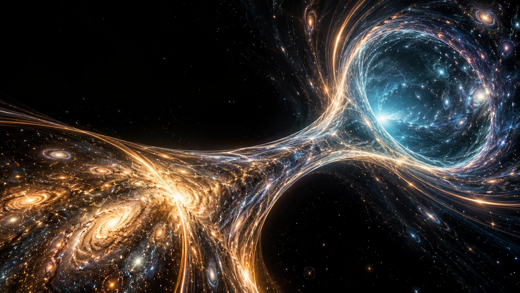 A luminous geometric bridge imagined between distant cosmic spaces