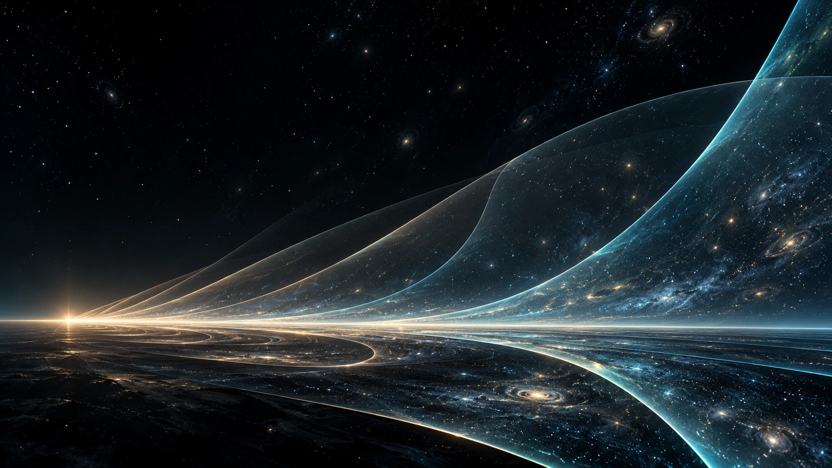 Golden and cyan wavefronts illuminate a quiet architectural horizon