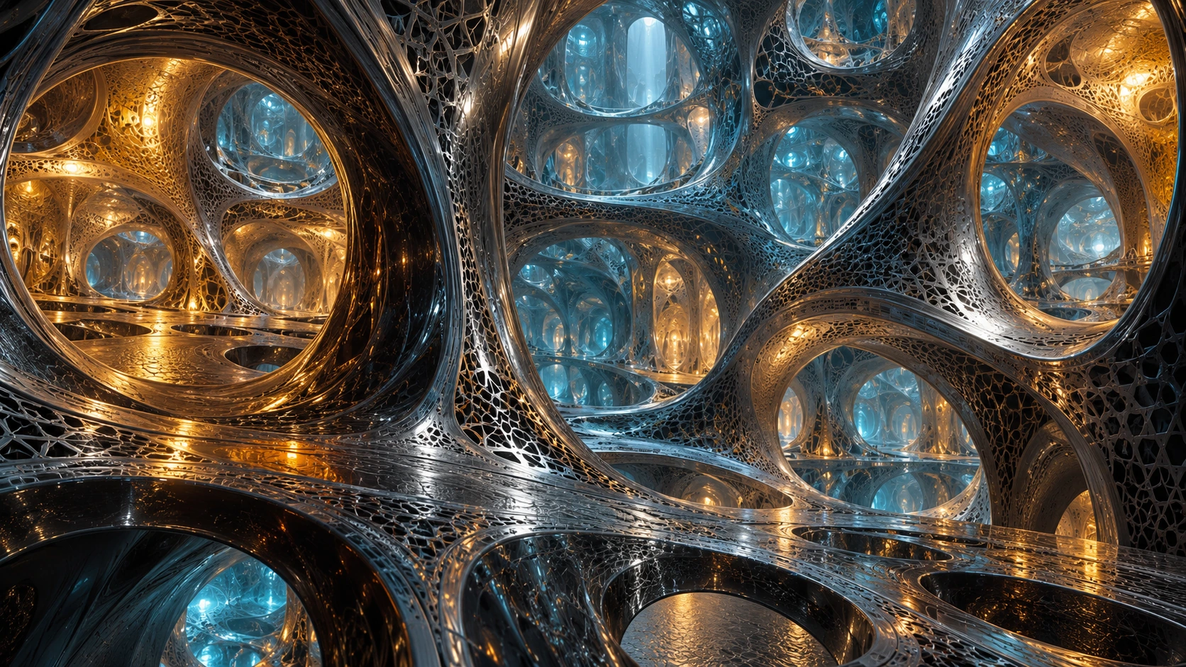A continuous porous labyrinth opens into chambers within chambers.