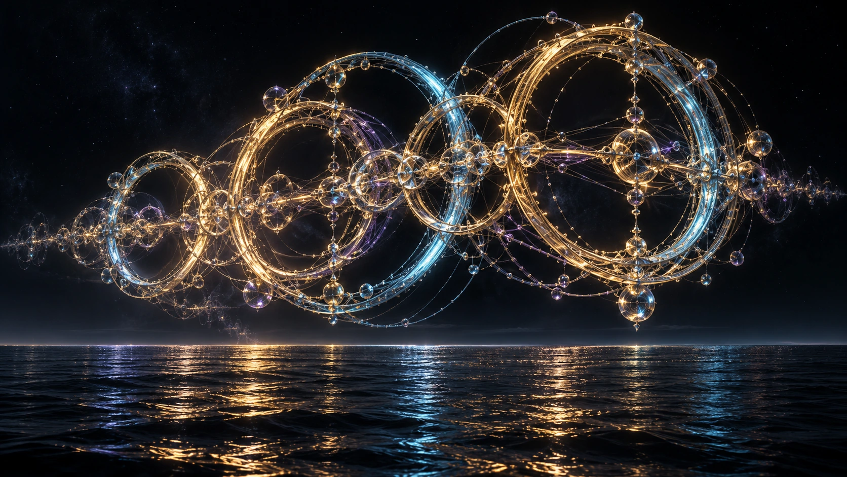 Families of luminous circles span the horizon above a black ocean.